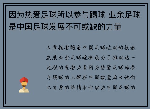 因为热爱足球所以参与踢球 业余足球是中国足球发展不可或缺的力量
