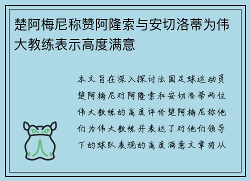 楚阿梅尼称赞阿隆索与安切洛蒂为伟大教练表示高度满意